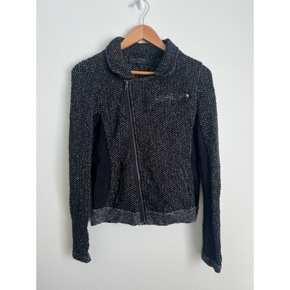Rag & Bone Black Tweed Knit Asymmetrical Zip Up Jacket Size L